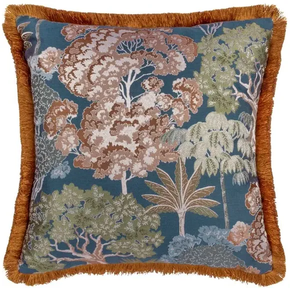Tropical Cushion with Fringe - Navy, Jacquard