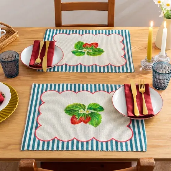Set of 4 Placemats Strawberry Print - Red, Polyester