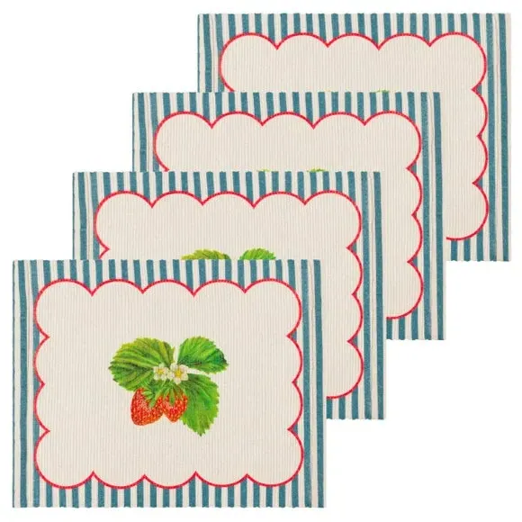 Set of 4 Placemats Strawberry Print - Red, Polyester
