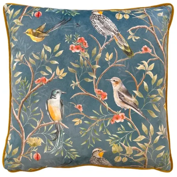 Square Cushion with Birds Print - Blue, Velvet image