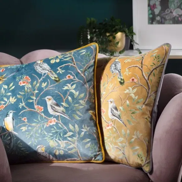 Square Cushion with Birds Print - Gold, Velvet
