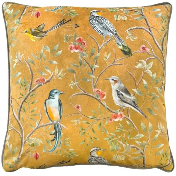 Square Cushion with Birds Print - Gold, Velvet