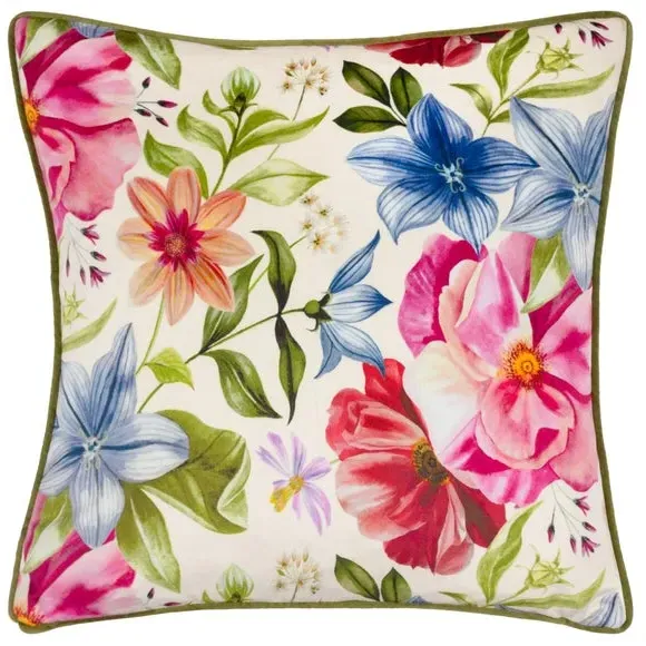 Square Cushion with Floral Print - Cream, Velvet image