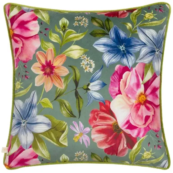 Square Cushion with Floral Print - Teal, Velvet