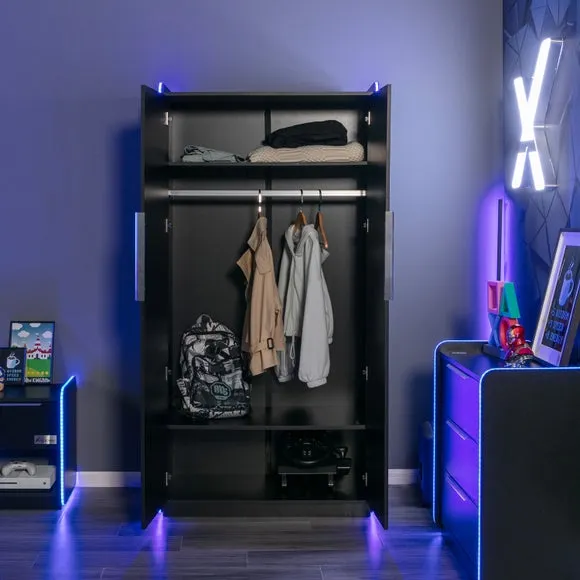 2-Door Wardrobe with LED Lights - Black, Wood