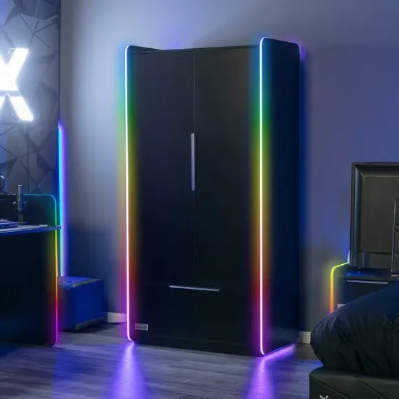 2-Door Wardrobe with LED Lights - Black, Wood image