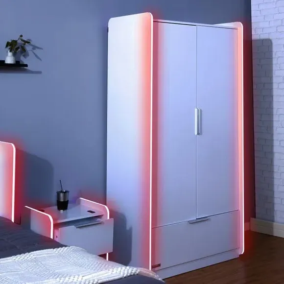 2-Door Wardrobe with LED Lights - White, Wood