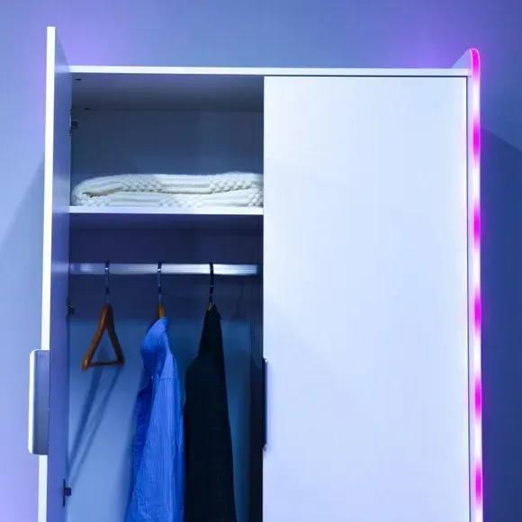 2-Door Wardrobe with LED Lights - White, Wood