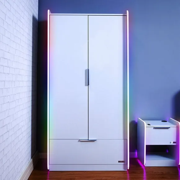 2-Door Wardrobe with LED Lights - White, Wood