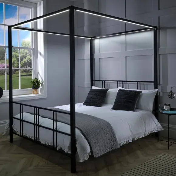 4-Poster Bed Frame with LED Lights - Black, Metal