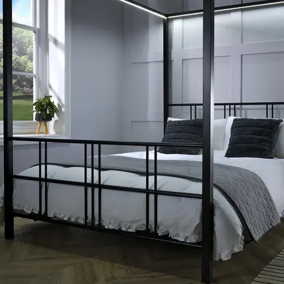 4-Poster Bed Frame with LED Lights - Black, Metal