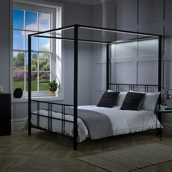 4-Poster Bed Frame with LED Lights - Black, Metal