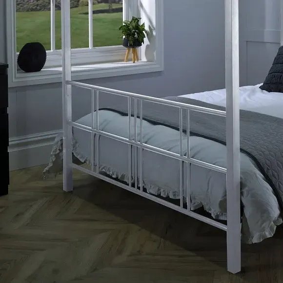 4-Poster Bed Frame with LED Lights - White, Metal