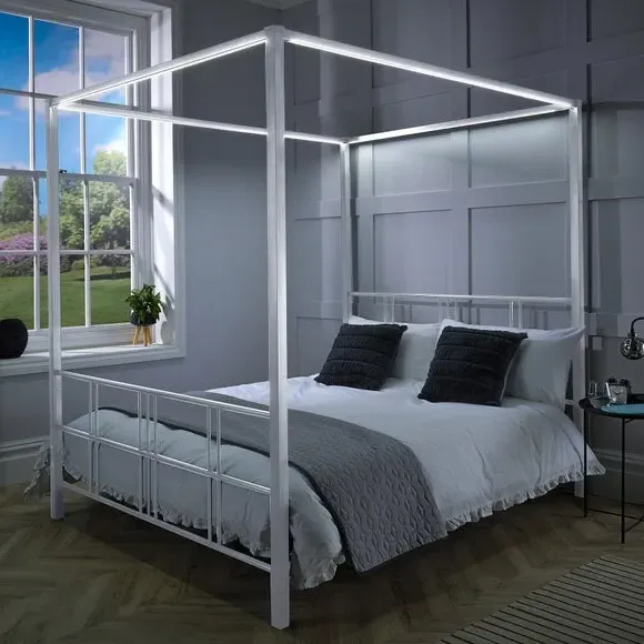 4-Poster Bed Frame with LED Lights - White, Metal
