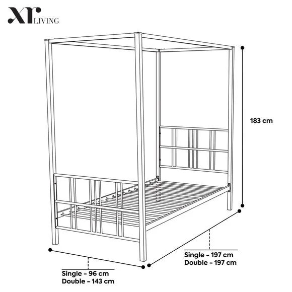 4-Poster Bed Frame with LED Lights - White, Metal