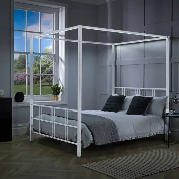 4-Poster Bed Frame with LED Lights - White, Metal
