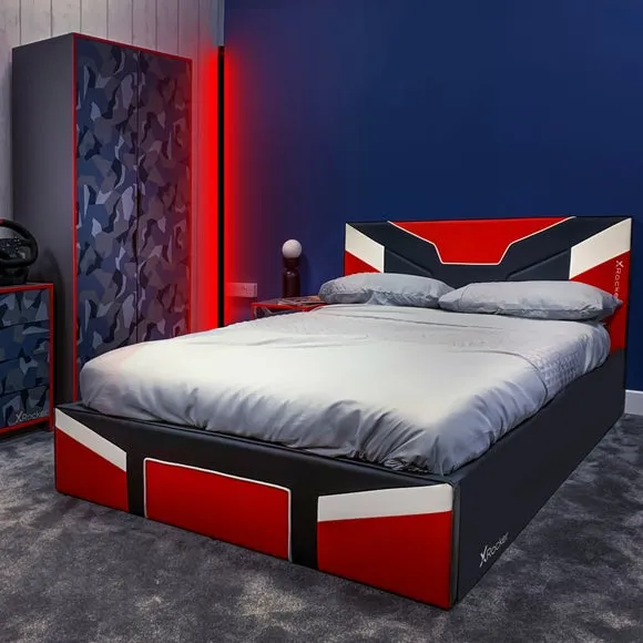 Gaming Bed Frame with Upholstery - Red, Metal