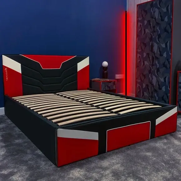 Gaming Bed Frame with Upholstery - Red, Metal