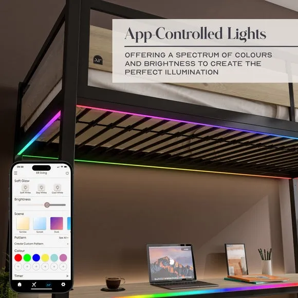 High Sleeper Bed with LED Lights - Light Wood