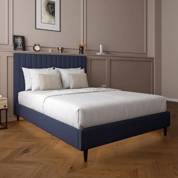 LED Bed Frame with Lighting - Navy, Velvet