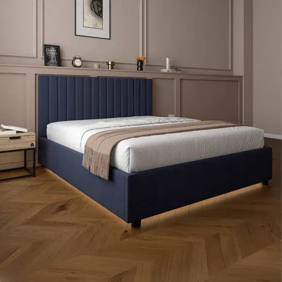 Ottoman Bed Frame with LED Lighting - Navy, Velvet