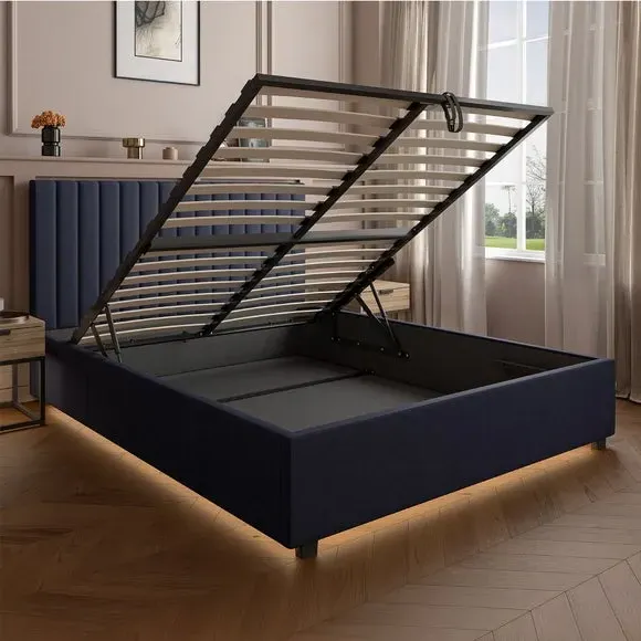 Ottoman Bed Frame with LED Lighting - Navy, Velvet