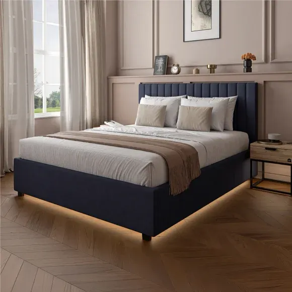 Ottoman Bed Frame with LED Lighting - Navy, Velvet image