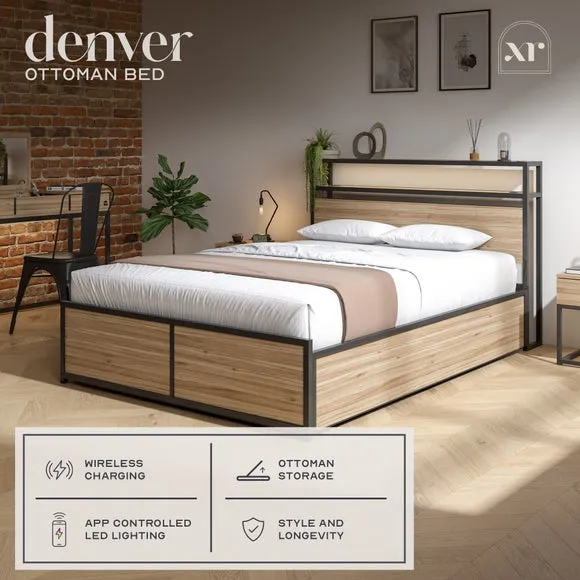 Ottoman Bed with LED Lights - Light Wood