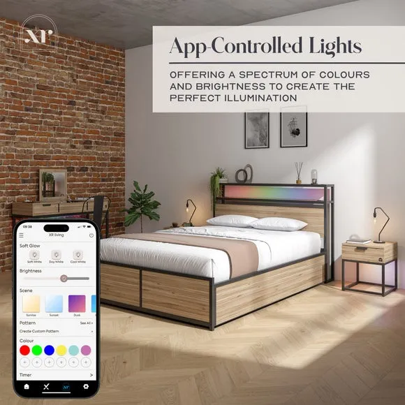 Ottoman Bed with LED Lights - Light Wood