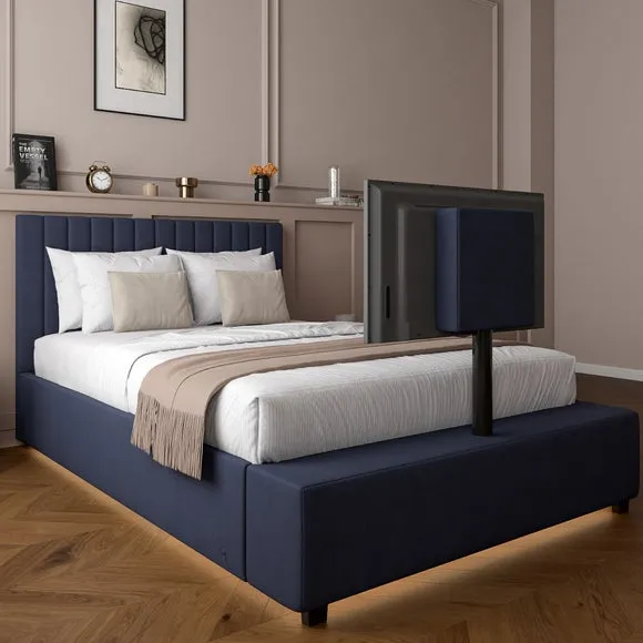 Ottoman TV Bed Frame with LED - Navy, Velvet