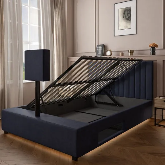 Ottoman TV Bed Frame with LED - Navy, Velvet