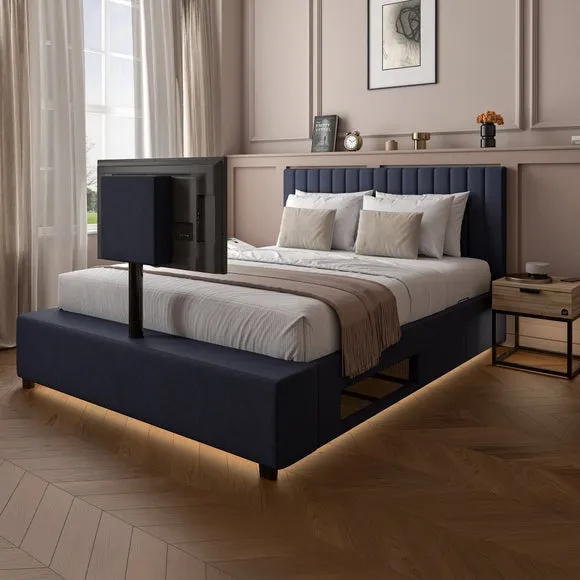Ottoman TV Bed Frame with LED - Navy, Velvet image