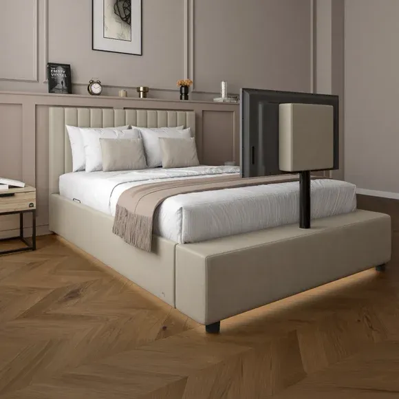 Ottoman TV Bed Frame with LED - Stone, Velvet