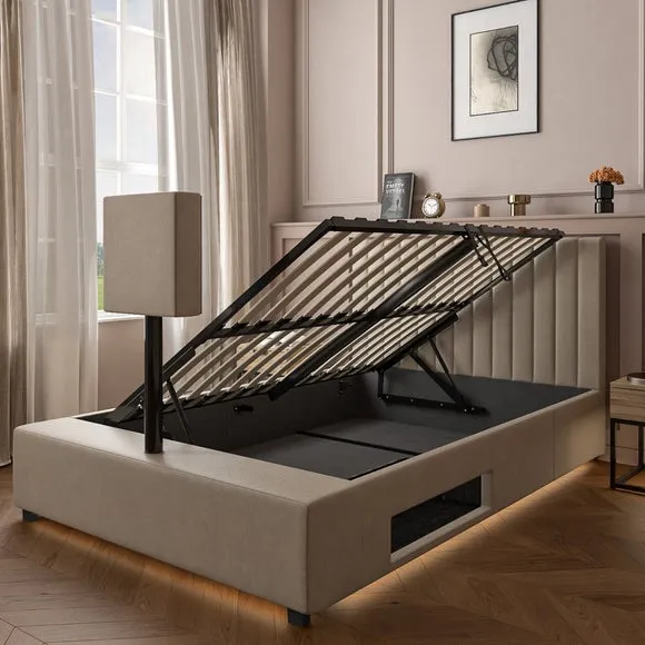 Ottoman TV Bed Frame with LED - Stone, Velvet