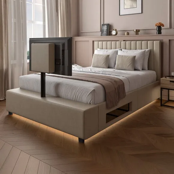 Ottoman TV Bed Frame with LED - Stone, Velvet
