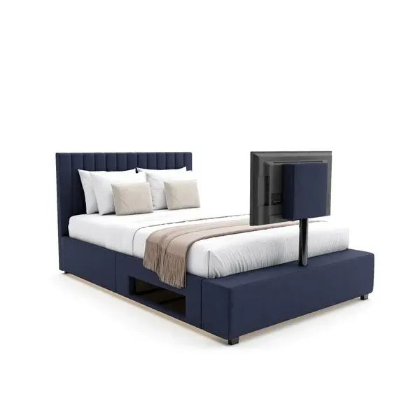 TV Bed Frame with LED Lighting - Navy, Velvet