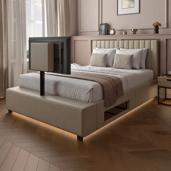 TV Bed Frame with LED Lighting - Stone, Velvet