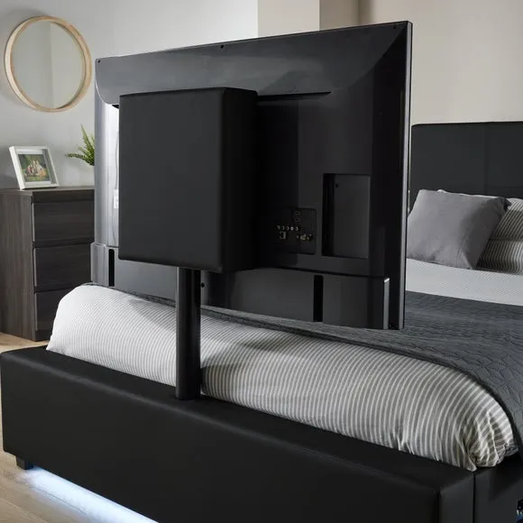 TV Bed with LED Lights & Mount - Black, Faux Leather