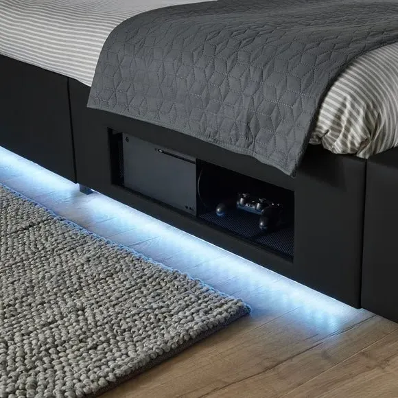 TV Bed with LED Lights & Mount - Black, Faux Leather