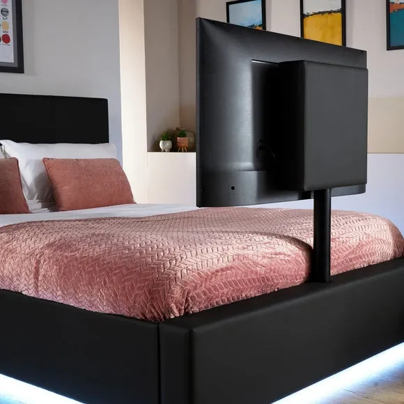 TV Bed with LED Lights & Mount - Black, Faux Leather