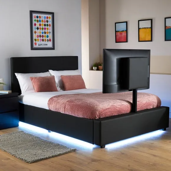 TV Bed with LED Lights & Mount - Black, Faux Leather
