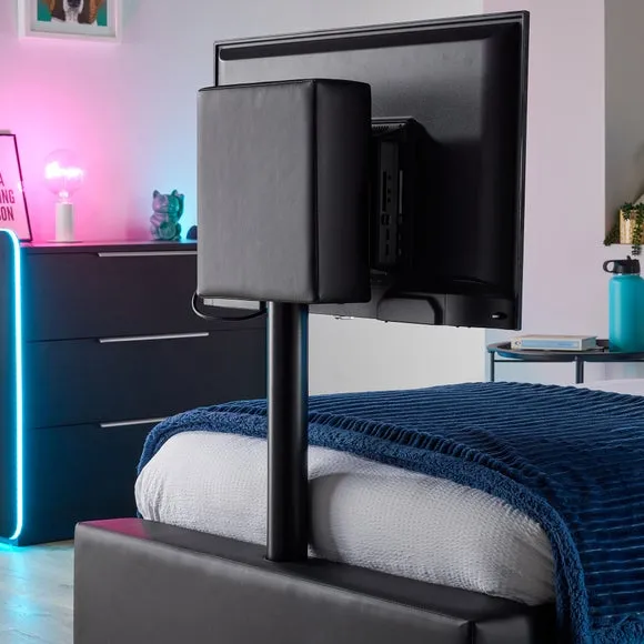 TV Bed with LED Lights & Mount - Black, Faux Leather