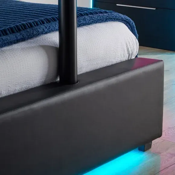 TV Bed with LED Lights & Mount - Black, Faux Leather