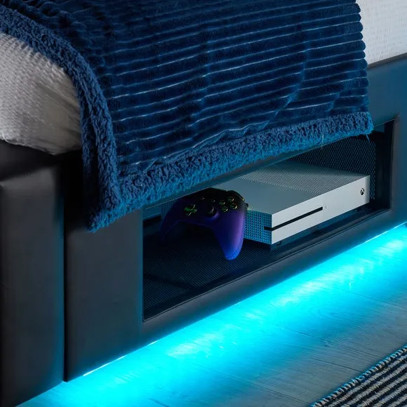 TV Bed with LED Lights & Mount - Black, Faux Leather