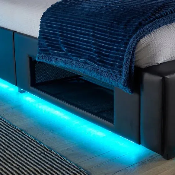 TV Bed with LED Lights & Mount - Black, Faux Leather