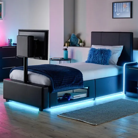 TV Bed with LED Lights & Mount - Black, Faux Leather