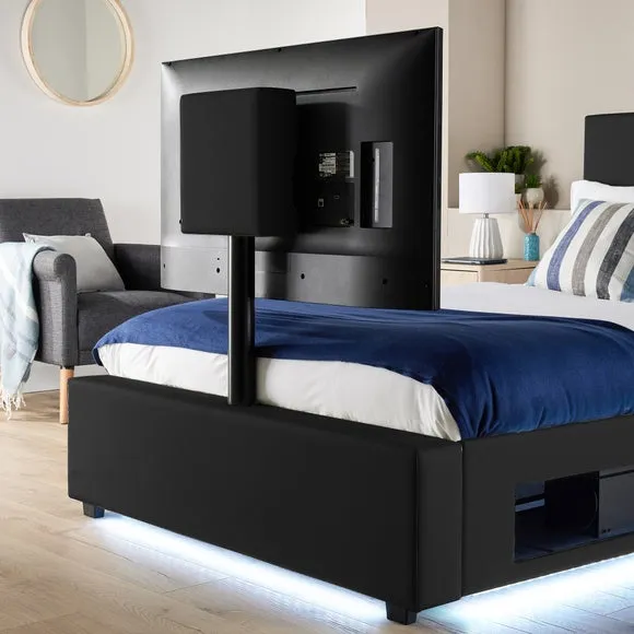 TV Bed with LED Lights & Mount - Black, Faux Leather