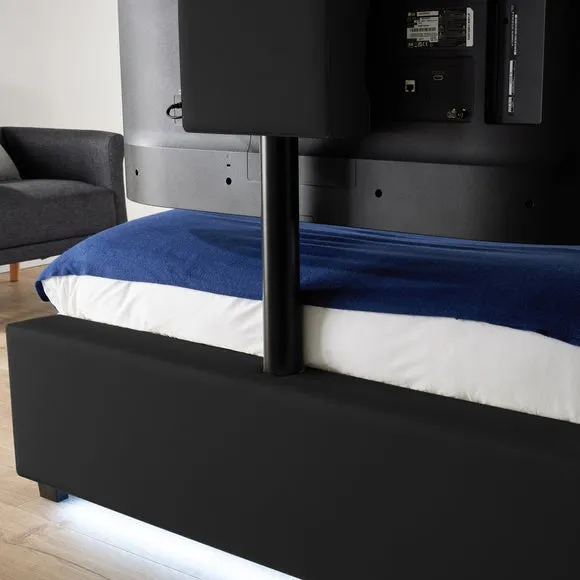TV Bed with LED Lights & Mount - Black, Faux Leather