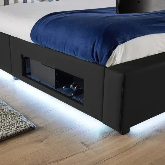 TV Bed with LED Lights & Mount - Black, Faux Leather