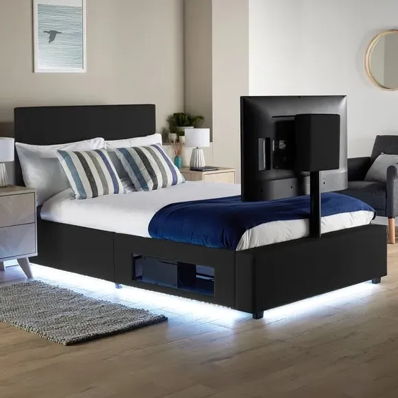 TV Bed with LED Lights & Mount - Black, Faux Leather
